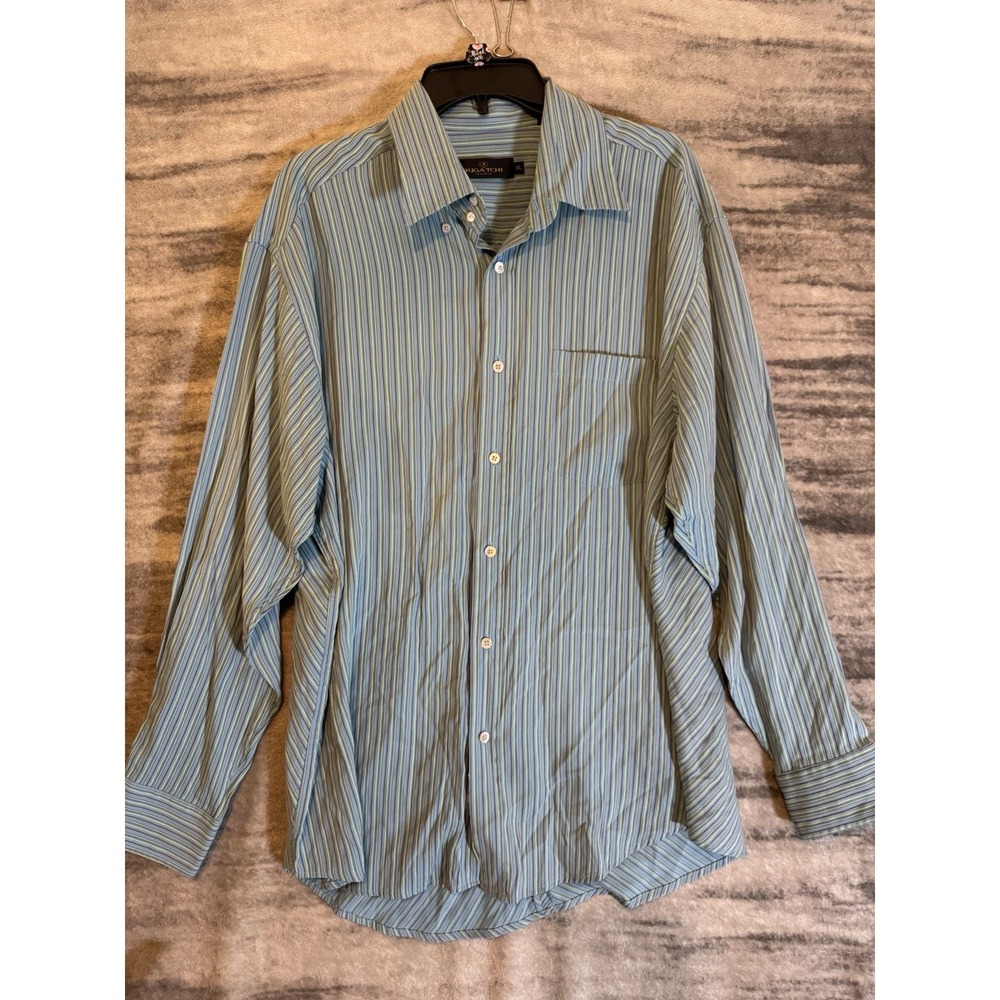 Bugatchi Uomo Mens XL Blue Green Striped‎ Modal Button Down Long Sleeve Shirt